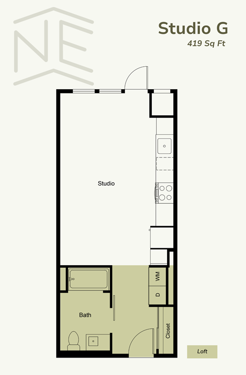 Floor plan for studio, 1 bath, 421 sqft
